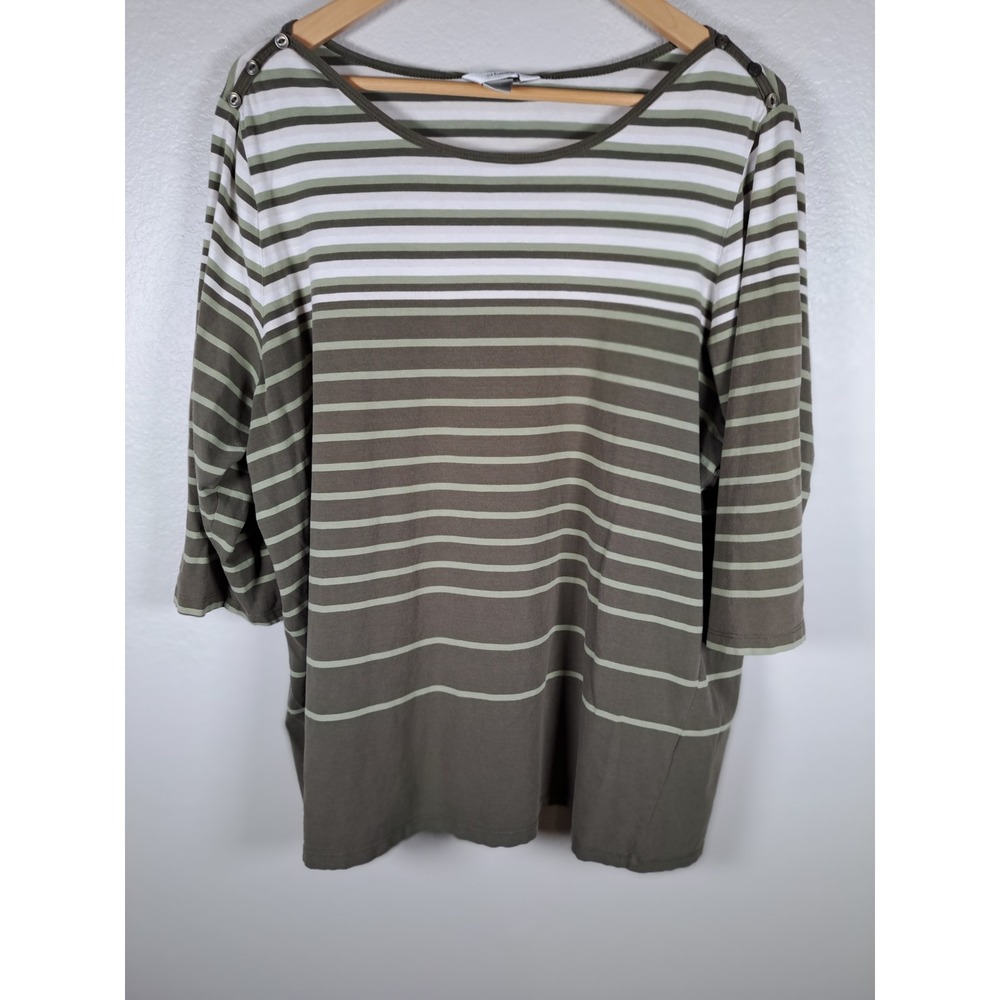 CJ Banks Striped Boat Neck Top Olive Green 3/4 Sleeve Button Shoulder 2X